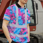 Hi-Vis-Polo-Shirt-Reflective-Tapes-Pink-Neon-And-Blue-Flowers-Custom-Name-Safety-Workwear-For-Workers,-Truckers,-Operators-4