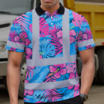 Hi-Vis-Polo-Shirt-Reflective-Tapes-Pink-Neon-And-Blue-Flowers-Custom-Name-Safety-Workwear-For-Workers,-Truckers,-Operators-5