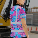 Hi-Vis-Polo-Shirt-Reflective-Tapes-Pink-Neon-And-Blue-Flowers-Custom-Name-Safety-Workwear-For-Workers,-Truckers,-Operators-6