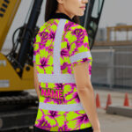 Hi-Vis-Polo-Shirt-Reflective-Tapes-Pink-Neon-And-Lime-Flowers-Custom-Name-Safety-Workwear-For-Workers,-Truckers,-Operators-4