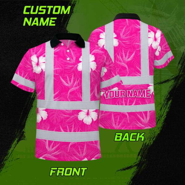 Hi-Vis-Polo-Shirt-Reflective-Tapes-Pink-Neon-Flowers-Custom-Name-Safety-Workwear-For-Workers,-Truckers,-Operators-2