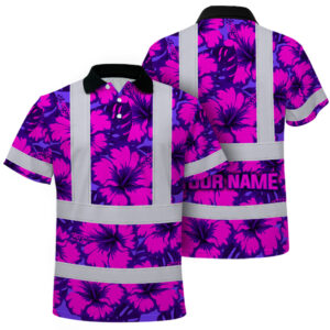 Hi Vis Polo Shirt Reflective Tapes Violet Neon And Pink Flowers Custom Name Safety Workwear For Workers, Truckers, Operators