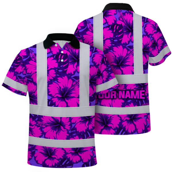 Hi-Vis-Polo-Shirt-Reflective-Tapes-Violet-Neon-And-Pink-Flowers-Custom-Name-Safety-Workwear-For-Workers,-Truckers,-Operators-1