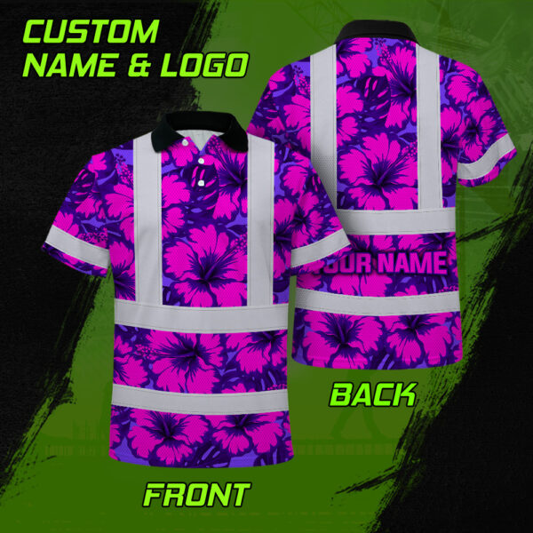 Hi-Vis-Polo-Shirt-Reflective-Tapes-Violet-Neon-And-Pink-Flowers-Custom-Name-Safety-Workwear-For-Workers,-Truckers,-Operators-2