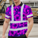 Hi-Vis-Polo-Shirt-Reflective-Tapes-Violet-Neon-And-Pink-Flowers-Custom-Name-Safety-Workwear-For-Workers,-Truckers,-Operators-3