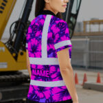 Hi-Vis-Polo-Shirt-Reflective-Tapes-Violet-Neon-And-Pink-Flowers-Custom-Name-Safety-Workwear-For-Workers,-Truckers,-Operators-4
