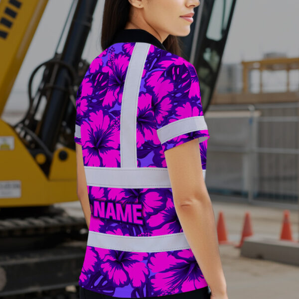 Hi-Vis-Polo-Shirt-Reflective-Tapes-Violet-Neon-And-Pink-Flowers-Custom-Name-Safety-Workwear-For-Workers,-Truckers,-Operators-4