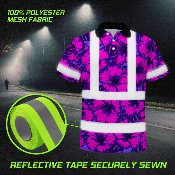 Hi-Vis-Polo-Shirt-Reflective-Tapes-Violet-Neon-And-Pink-Flowers-Custom-Name-Safety-Workwear-For-Workers,-Truckers,-Operators-6