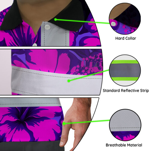 Hi-Vis-Polo-Shirt-Reflective-Tapes-Violet-Neon-And-Pink-Flowers-Custom-Name-Safety-Workwear-For-Workers,-Truckers,-Operators-7