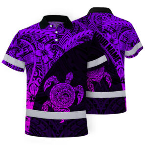 Hi Vis Polo Shirt Reflective Tapes Violet Neon Turtle Hawaiian Polynesian Tribal