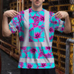 Hi-Vis-Shirt-Reflective-Tapes-Blue-Neon-And-Pink-Flowers-Custom-Name-Safety-Workwear-For-Workers,-Truckers,-Operators-3