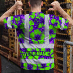 Hi-Vis-Shirt-Reflective-Tapes-Green-Neon-And-Violet-Flowers-Custom-Name-Safety-Workwear-For-Workers,-Truckers,-Operators-4