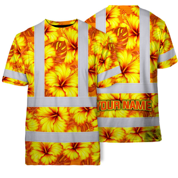 Hi-Vis-Shirt-Reflective-Tapes-Orange-Neon-And-Yellow-Flowers-Custom-Name-Safety-Workwear-For-Workers,-Truckers,-Operators-1