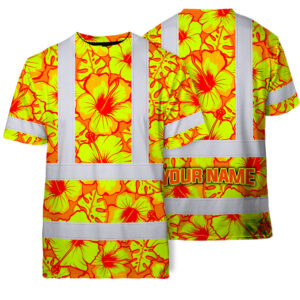 Hi Vis Shirt Reflective Tapes Orange Neon And Yellow Flowers Custom Name Safety Workwear For Workers, Truckers, Operators