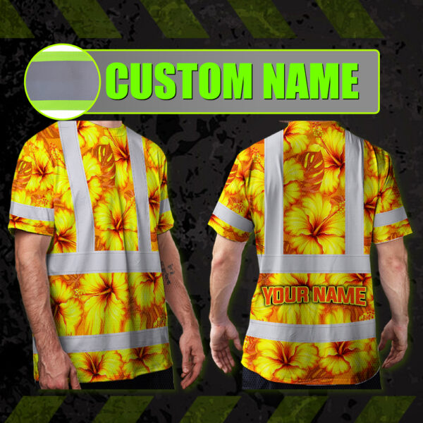 Hi-Vis-Shirt-Reflective-Tapes-Orange-Neon-And-Yellow-Flowers-Custom-Name-Safety-Workwear-For-Workers,-Truckers,-Operators-2