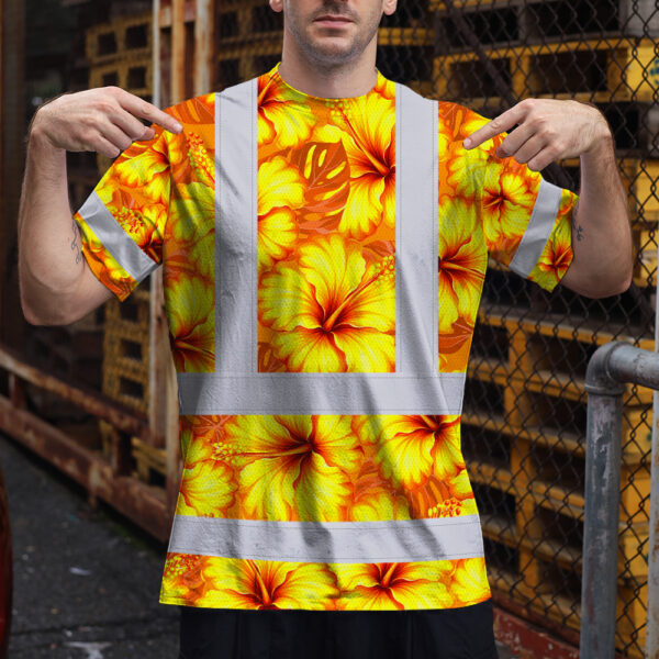 Hi-Vis-Shirt-Reflective-Tapes-Orange-Neon-And-Yellow-Flowers-Custom-Name-Safety-Workwear-For-Workers,-Truckers,-Operators-3