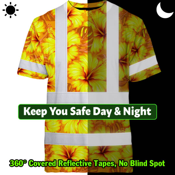 Hi-Vis-Shirt-Reflective-Tapes-Orange-Neon-And-Yellow-Flowers-Custom-Name-Safety-Workwear-For-Workers,-Truckers,-Operators-6