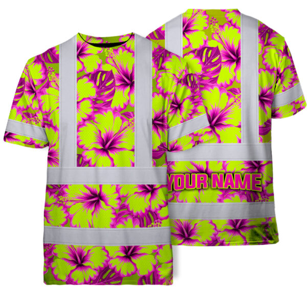 Hi-Vis-Shirt-Reflective-Tapes-Pink-Neon-And-Lime-Flowers-Custom-Name-Safety-Workwear-For-Workers,-Truckers,-Operators-1