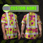 Hi-Vis-Shirt-Reflective-Tapes-Pink-Neon-And-Lime-Flowers-Custom-Name-Safety-Workwear-For-Workers,-Truckers,-Operators-2