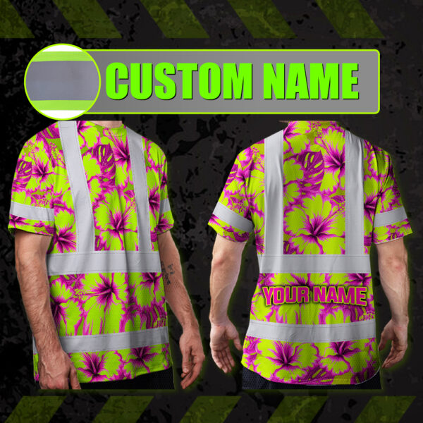 Hi-Vis-Shirt-Reflective-Tapes-Pink-Neon-And-Lime-Flowers-Custom-Name-Safety-Workwear-For-Workers,-Truckers,-Operators-2