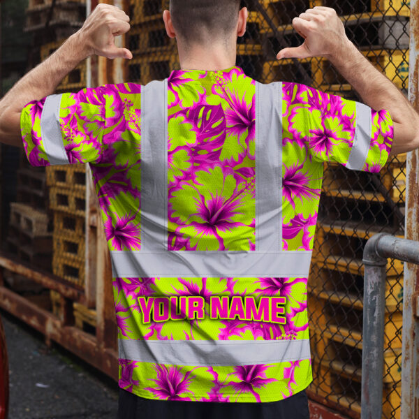 Hi-Vis-Shirt-Reflective-Tapes-Pink-Neon-And-Lime-Flowers-Custom-Name-Safety-Workwear-For-Workers,-Truckers,-Operators-4