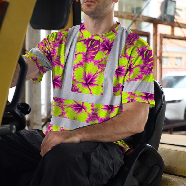 Hi-Vis-Shirt-Reflective-Tapes-Pink-Neon-And-Lime-Flowers-Custom-Name-Safety-Workwear-For-Workers,-Truckers,-Operators-5