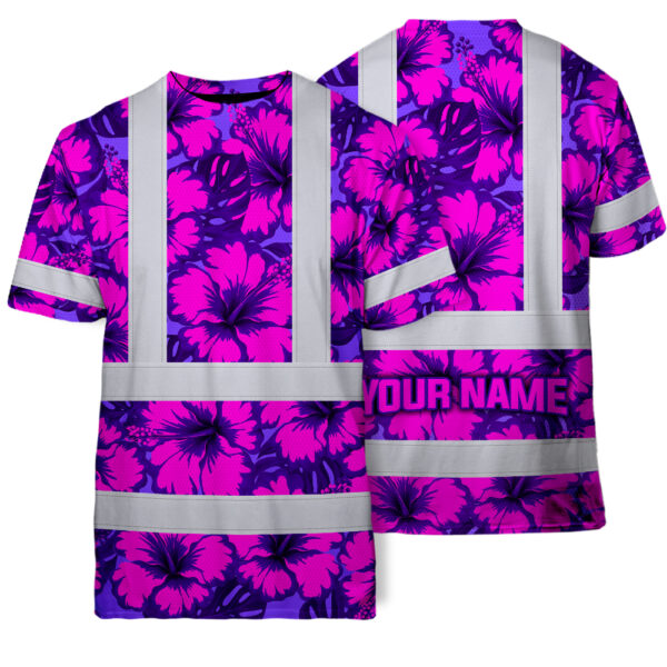 Hi-Vis-Shirt-Reflective-Tapes-Violet-Neon-And-Pink-Flowers-Custom-Name-Safety-Workwear-For-Workers,-Truckers,-Operators-1