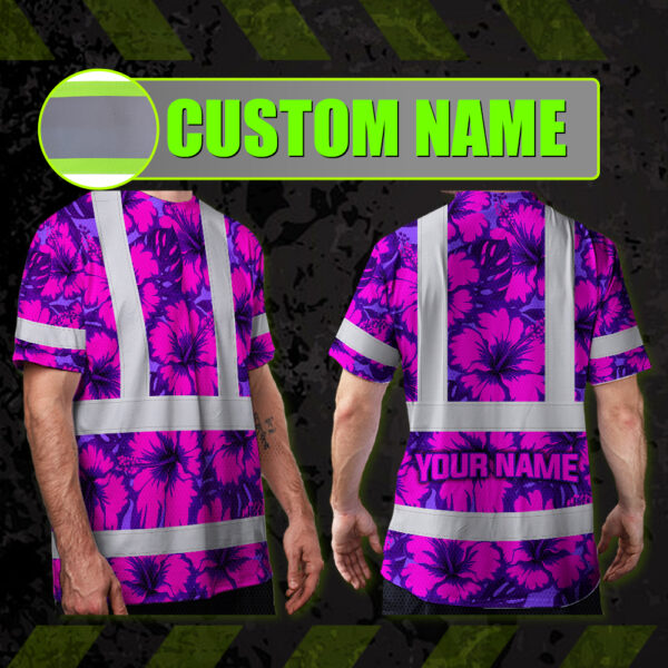 Hi-Vis-Shirt-Reflective-Tapes-Violet-Neon-And-Pink-Flowers-Custom-Name-Safety-Workwear-For-Workers,-Truckers,-Operators-2