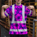 Hi-Vis-Shirt-Reflective-Tapes-Violet-Neon-And-Pink-Flowers-Custom-Name-Safety-Workwear-For-Workers,-Truckers,-Operators-3