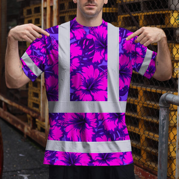 Hi-Vis-Shirt-Reflective-Tapes-Violet-Neon-And-Pink-Flowers-Custom-Name-Safety-Workwear-For-Workers,-Truckers,-Operators-3