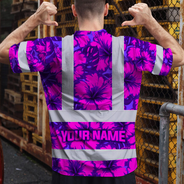 Hi-Vis-Shirt-Reflective-Tapes-Violet-Neon-And-Pink-Flowers-Custom-Name-Safety-Workwear-For-Workers,-Truckers,-Operators-4