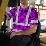 Hi-Vis-Shirt-Reflective-Tapes-Violet-Neon-And-Pink-Flowers-Custom-Name-Safety-Workwear-For-Workers,-Truckers,-Operators-5