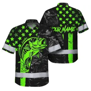 Hi Vis Hawaiian Shirt Reflective Fishing Green Neon Custom Name Safety Workwear For Fishing Lovers Workers, Runners, Cyclists, Trucker, Operator, Patriotic