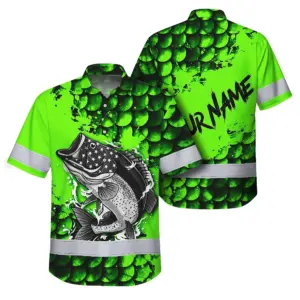 Hi Vis Hawaiian Shirt Reflective Fishing Green Neon Custom Name Safety Workwear For Fishing Lovers Workers, Runners, Cyclists, Trucker, Operator, Patriotic