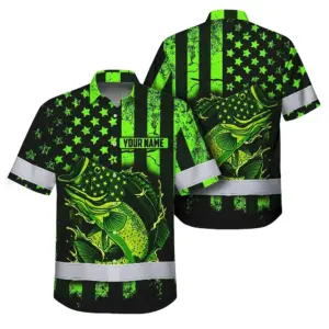 Hi Vis Hawaiian Shirt Reflective Fishing Green Neon Safety Workwear For Fishing Lovers Workers, Runners, Cyclists, Trucker, Operator, Patriotic
