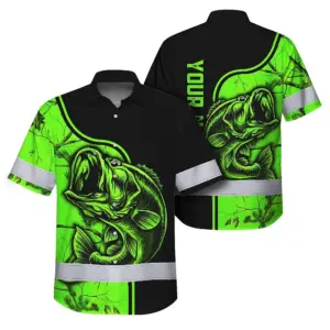 Hi Vis Hawaiian Shirt Reflective Fishing Green Neon US Flag Custom Name Safety Workwear For Fishing Lovers Workers, Runners, Cyclists, Trucker, Operator