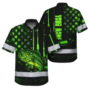 Hi Vis Hawaiian Shirt Reflective Fishing US Flag Custom Name Safety Workwear For Fishing Lovers Workers, Runners, Cyclists, Trucker, Operator, Patriotic