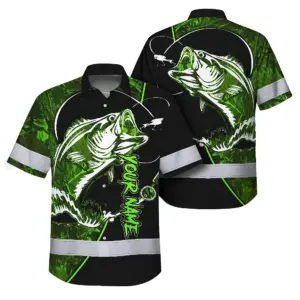 Hi Vis Hawaiian Shirt Reflective Fishing US Flag Custom Name Safety Workwear For Fishing Lovers Workers, Runners, Cyclists, Trucker, Operator, Patriotic