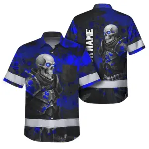 Hi Vis Hawaiian Shirt Reflective Tapes Blue Grey Neon Skull Custom Name Safety Workwear For Workers, Truckers, Operators