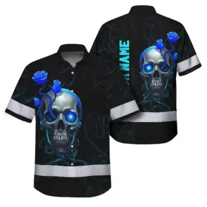 Hi Vis Hawaiian Shirt Reflective Tapes Blue Neon Skull Custom Name Safety Workwear For Workers, Truckers, Operators