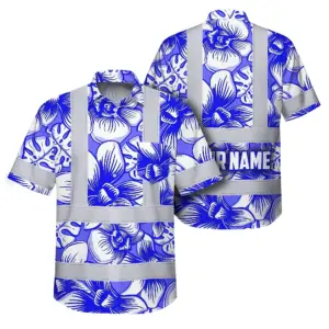 Hi Vis Hawaiian Shirt Reflective Tapes Blue Neon White Orchid Custom Name Safety Workwear For Workers, Truckers, Operators
