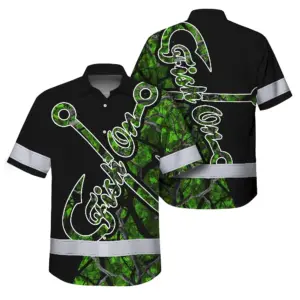 Hi Vis Hawaiian Shirt Reflective Tapes Green Bass Fish Fishing Safety Workwear For Fishing Lovers Workers, Runners, Cyclists, Trucker, Operator, Patriotic