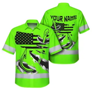 Hi Vis Hawaiian Shirt Reflective Tapes Green Bass Fish Fishing Safety Workwear For Fishing Lovers Workers, Runners, Cyclists, Trucker, Operator, Patriotic