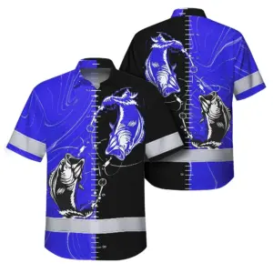 Hi Vis Hawaiian Shirt Reflective Tapes Green Bass Fish Fishing US Flag Safety Workwear For Fishing Lovers Workers, Runners, Cyclists, Trucker, Operator