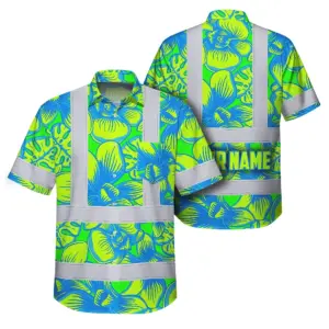 Hi Vis Hawaiian Shirt Reflective Tapes Green Neon Blue Orchid Custom Name Safety Workwear For Workers, Truckers, Operators