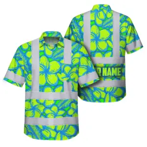 Hi Vis Hawaiian Shirt Reflective Tapes Green Neon Blue Plumeria Custom Name Safety Workwear For Workers, Truckers, Operators