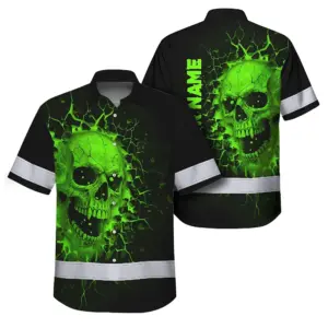 Hi Vis Hawaiian Shirt Reflective Tapes Green Neon Break Skull Custom Name Safety Workwear For Workers, Truckers, Operators