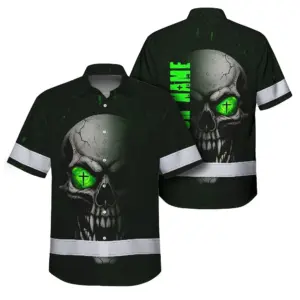 Hi Vis Hawaiian Shirt Reflective Tapes Green Neon Light Skull Custom Name Safety Workwear For Workers, Truckers, Operators