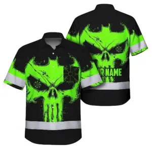 Hi Vis Hawaiian Shirt Reflective Tapes Green Neon Skull 2 Custom Name Safety Workwear For Workers, Truckers, Operators