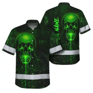 Hi Vis Hawaiian Shirt Reflective Tapes Green Neon Skull 3 Custom Name Safety Workwear For Workers, Truckers, Operators